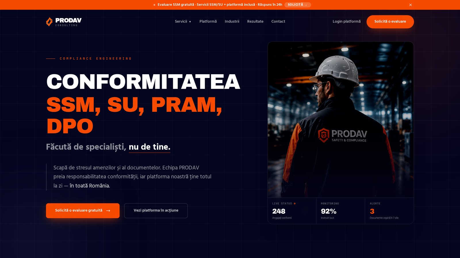 Prodav Consulting — Platformă digitală completă de instruire SSM & SU pentru companii și angajați — cursuri, fișe individuale, semnătură, task management. Din prima lună: 121 companii, 460+ angajați activi.