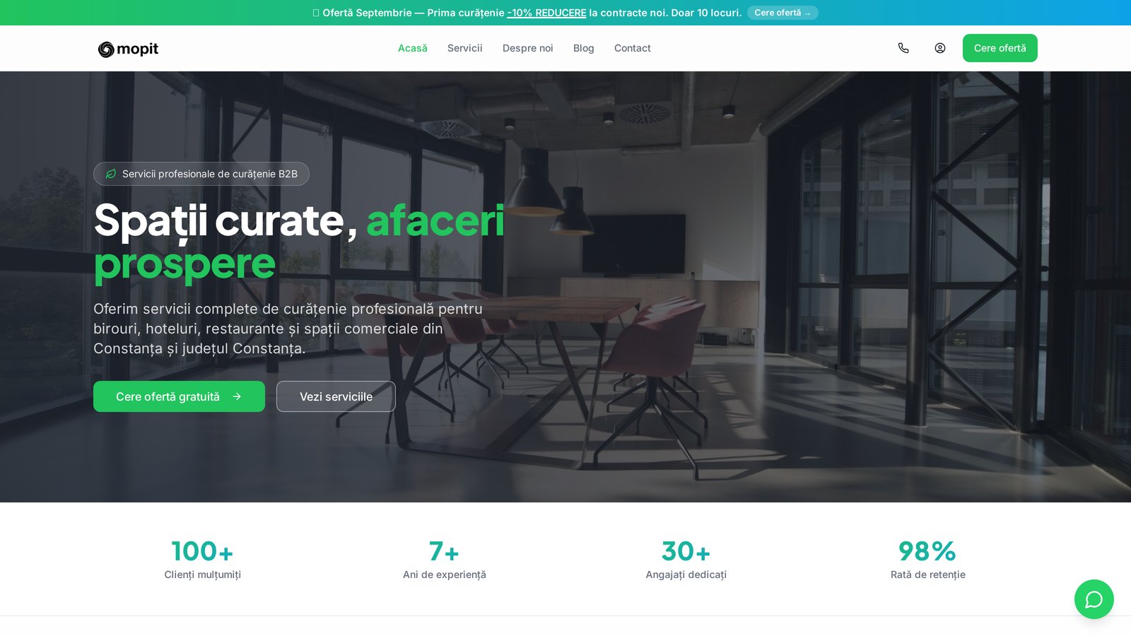 Mopit — Site custom, SEO tehnic serios, PageSpeed 90+. Primii clienți B2B au sunat în prima săptămână după lansare.